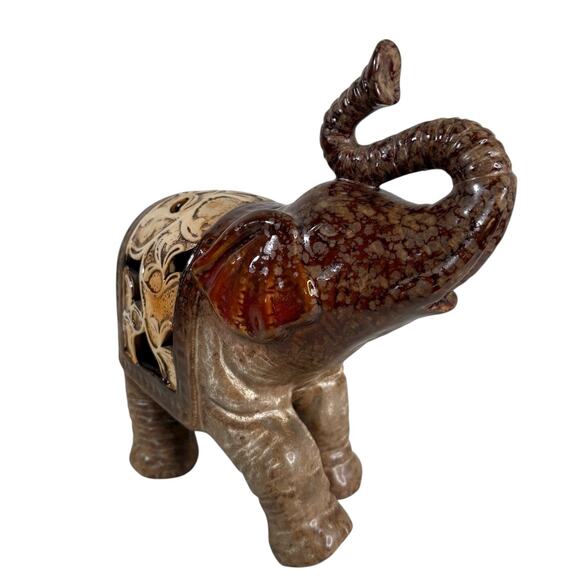 Vintage Ceramic Elephant Figurine Brown Red Glazed Filigree Cutout 7” Trunk Up - Picture 6 of 12